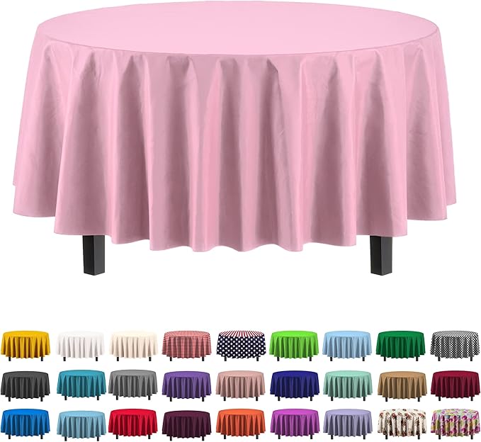 Exquisite Party Solids 6-Pack Premium Plastic Tablecloth 84in. Round Plastic Table Cover - Pink