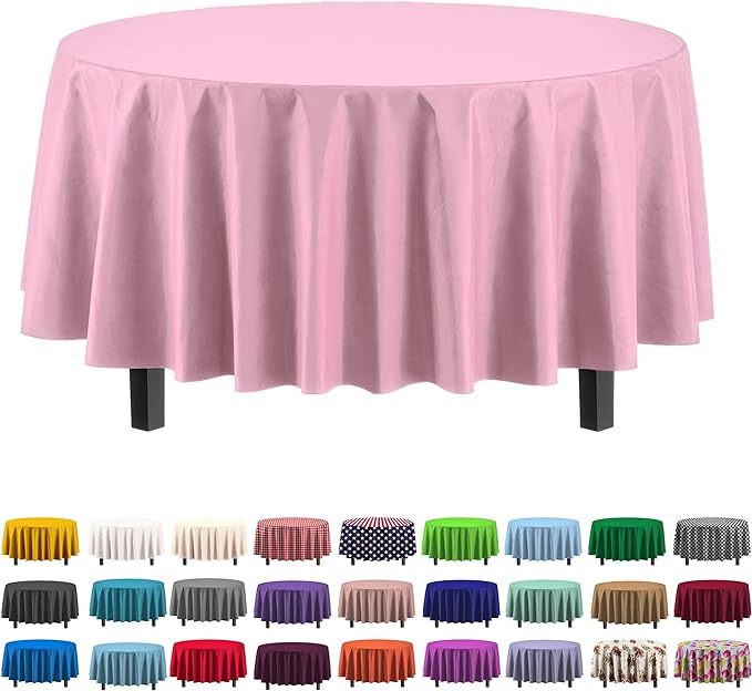 Exquisite 12-Pack Premium Plastic Tablecloth 84in. Round Table Cover - Pink