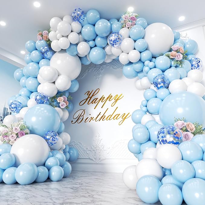 153Pcs Blue and White Balloons Garland Arch Kit with Stars - 22 18 12 10 5 inch Different Size Baby Pastel Light Blue White Confetti Balloons for Birthday Baby Shower Wedding Party Decorations