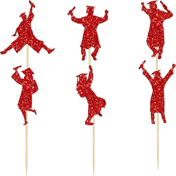 Gyufise 24Pcs 2026 Graduation Cupcake Toppers Red Glitter Class of 2026 Boys Girls Graduation Cap Cupcake Picks for 2026 Graduation Theme Party Cake Decorations Supplies
