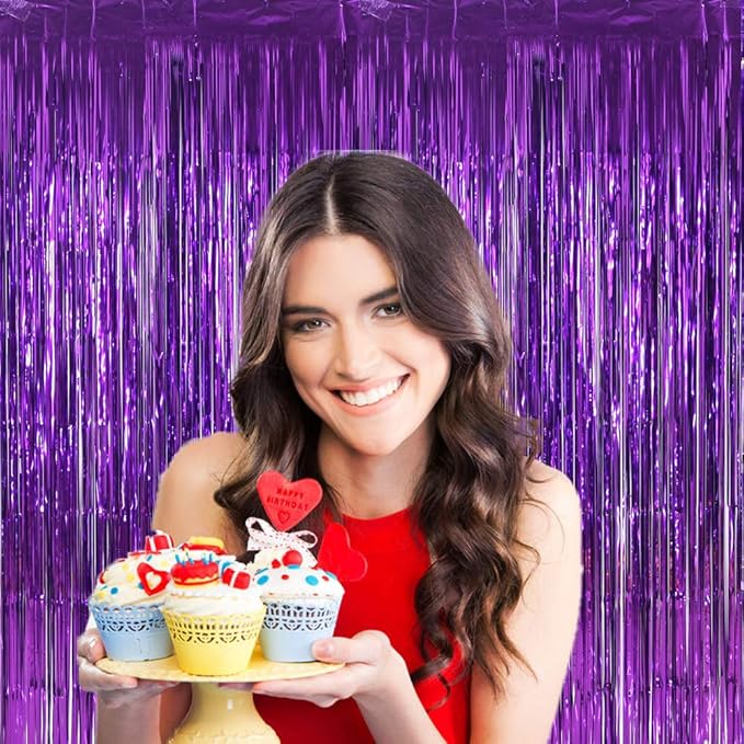 Purple Backdrop Curtains for Party Supplies - 6.5x6.5 ft, Pack of 2 | LILF Foil Fringe Curtain Streamers Tinsel Backdrop for Birthday Bachelorette Party Decorations Photo Booth Props