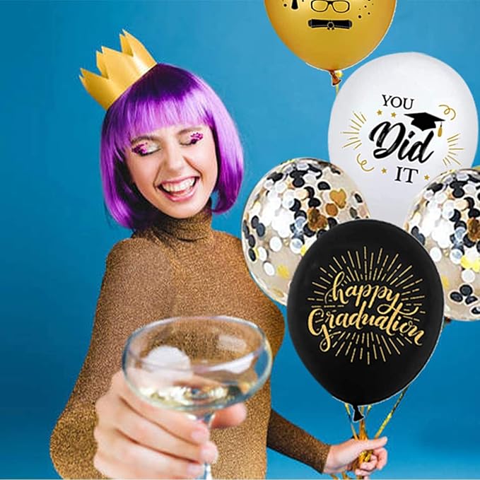 75 Pack Graduation Party Decorations Balloons Set - 12 Inch Black Gold Balloons with Balloon Ribbons for Graduation Party Decoration Supplies