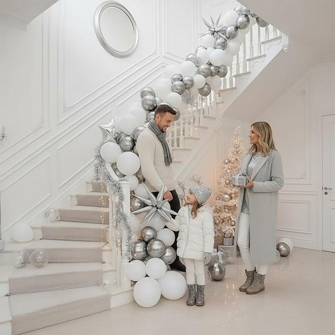 White Winter Wonderland decorations with Pearl White Silver Balloon Garland Arch & Foil Star printed balloons Artificial Snowflakes For winter 1st birthday Christmas new year party decorations