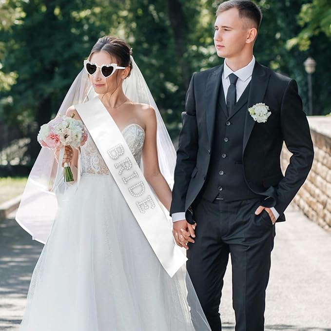 Bride to Be Set: Pearl-Trimmed Heart Sunglasses, Pearl BRIDE Sash & Tulle Veil - Bachelorette Party Bridal Accessories