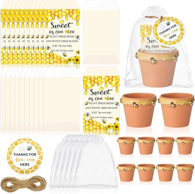 Ctosree 50 Sets Sweet As Can Bee Baby Shower Favors for Guests Honeybee Seed Packets Bulk Include Self Adhesive Seed Packets Flowerpot Thank You Tags Organza Bags for Sweet Bee Theme Baby Shower