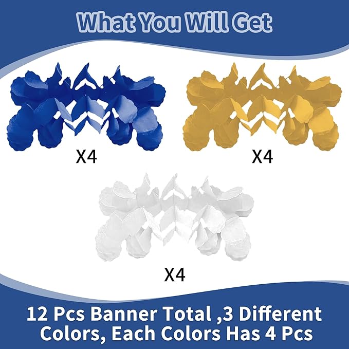 Blue Gold White Streamers Party Decorations - Navy Blue Gold Graduation Party Decorations 2026 Royal, 4-Leaf Clover Garland Paper Banners Backdrop Fathers Day Wedding Party Decor Supplies Garsellen