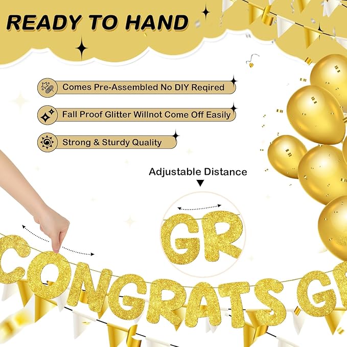 Fulmoon Pre Strung Congrats Grad Banner Glitter Congratulations Banner College Graduation Sign Class of 2026 Grad Party Decorations for High School University Graduation Party Favor(Gold)