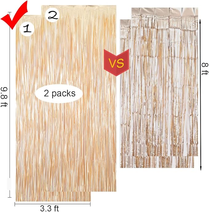 Light Gold Backdrop Curtains -6.6x9.8 feet, Pack of 2 | LILF Matte Foil Fringe Curtain with Non-Marking Tape | Tinsel Streamers Backdrop for Birthday Bachelorette Party Decoration Photo Booth Props