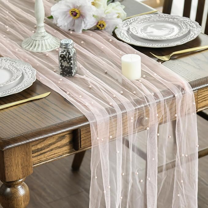 Artoid Mode 6PCS Pearl Pink Gauze Table Runner 120 Inch 10FT, Seasonal Sheer Dining Holiday Wedding Birthday Baby Shower Table Decor for Home Party