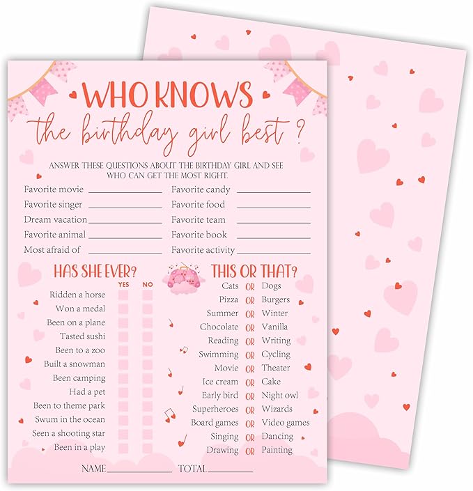 6"X8" Who Knows The Birthday Girl Best - Pink Full Print Heart Funny Double-Sided 3-in-1 Game Card Set for Girls Birthday Party, Sleepover Party Activities Supplies (20 Pcs)- A04