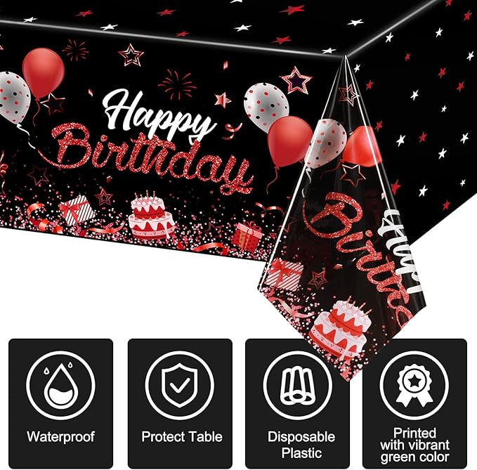 Breling Birthday Party Supplies Confetti Sprinkles Happy Birthday Tablecloths Starry Table Covers for Party Decorations, 54 x 108 Inches(Red and Silver,6 Pack)