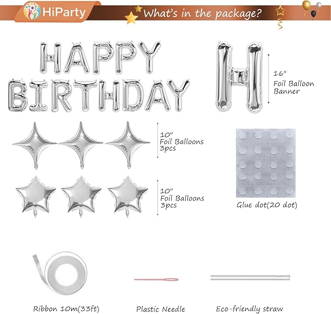 Silver Happy Birthday Balloon Banner, 16 Inch Mylar Foil Letter Birthday Balloons with 6pcs Star Balloons, Birthday Party Decorations for Kids Boys Men Adults Birthday Party Supplies