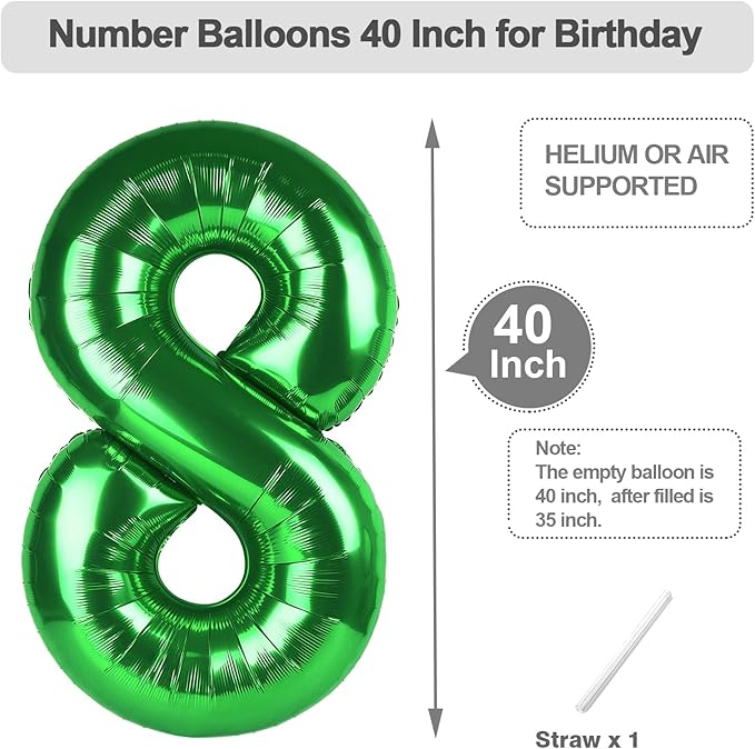 Balloon 8 Number, 40 Inch Dark Green Foil Large Ballon for Women And Men, Balloons Decoration for Happy 8 18 28 38 Birthday, Wedding Anniversary, New Year, Halloween Party Decoration
