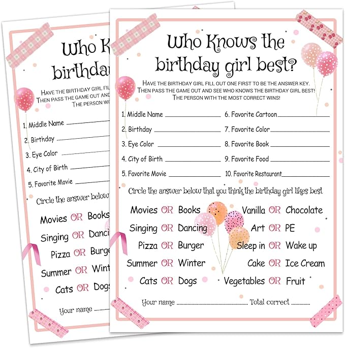 Who Knows the Birthday Girl Best - Girl Birthday Party Game - Themed Party Activity and Idea - Supplies, Decorations - 20 Game Cards