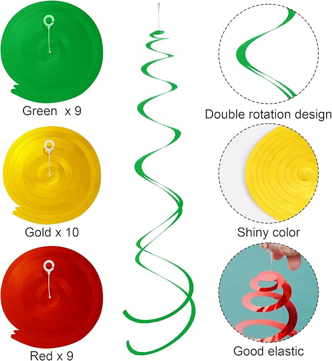 Colorful Ceiling Swirl Foil Decorations Hanging Plastic Streamer Themed Swirl Party for Christmas Carnival Celebration, Pack of 28 (Red, Green and Gold)
