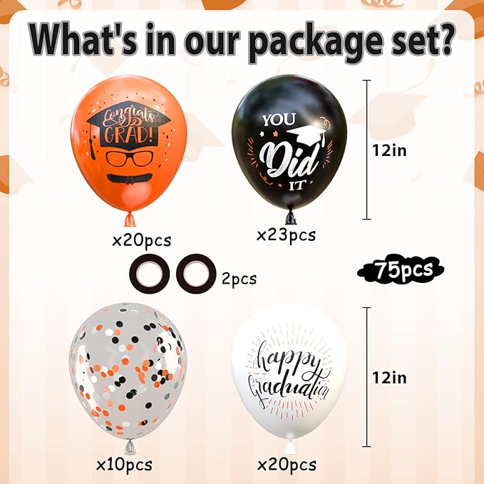 OuMuaMua 75 Pack Graduation Party Decorations Balloons Set - 12" Black White Orange Graduation Balloons Black Orange White Confetti Latex Baloons for Class of 2026 Grad Birthday Party Decor Supplies