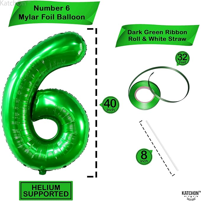 KatchOn, Giant Dark Green Number 6 Balloon - 40 Inch | 6 Birthday Balloon for 6th Birthday Decorations | 6 balloons for Birthday | Six Balloon Number | 6 Year Old balloon for 6 Year Decorations