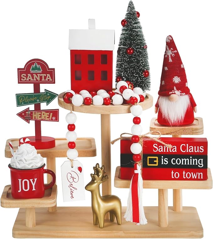 Christmas Decorations 8 PCS Tiered Tray Decor Set, Cute Tabletop Christmas Decor for Home Shelf Mantel Fireplace Office Desk Coffee Bar Xmas Table Centerpieces Tray Objects Holiday Decoration Set