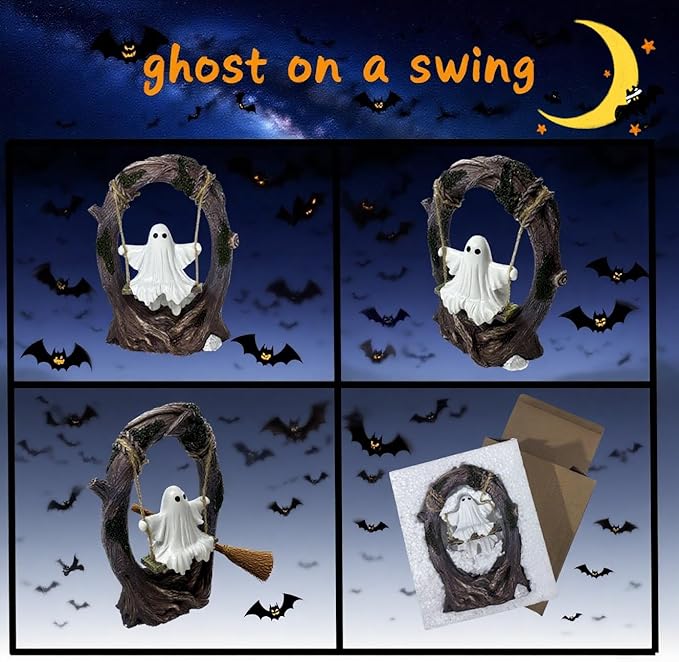 Swinging Ghost on Tree Swing, Cute Swinging Ghost Halloween Figurine Indoor Decoration, Desktop & Bookshelf Decor, Outdoor Courtyard Garden Decoration, Halloween Ghost Gift