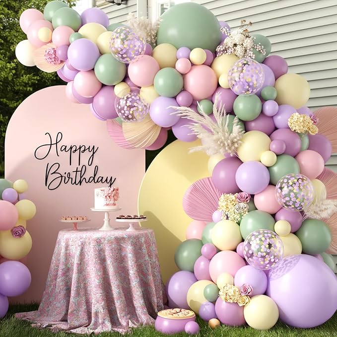 Dusty Green Purple Pink Balloon Garland, Lavender Mist Green Pastel Pink Yellow Balloon Arch Wildflower Balloons with Pastel Confetti for Baby Shower Birthday Wedding Flower Party Decoration