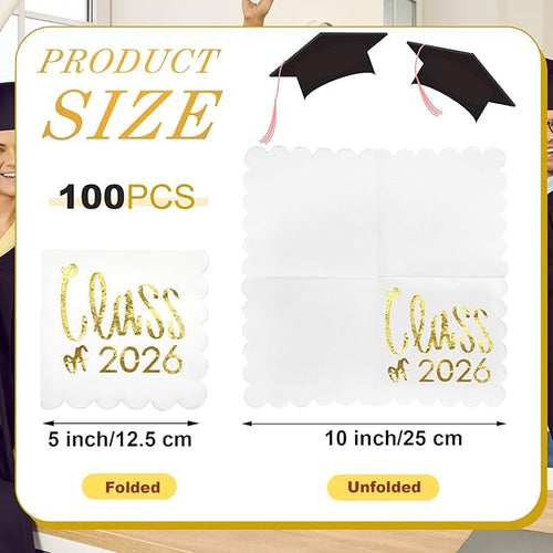 100 Pcs Class of 2026 Graduation Cocktail Napkins 5 x 5 Inch Congrats Grad Scalloped Paper Napkins for Dinner Beverage Graduate Decorations(Gold)