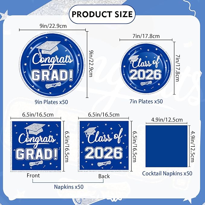 OuMuaMua 2026 Graduation Party Dinnerware Supplies - 200 Pcs Blue White Graduation Disposable Plates and Napkins for 2026 College High School Graduation Party Decorations, Serves 50