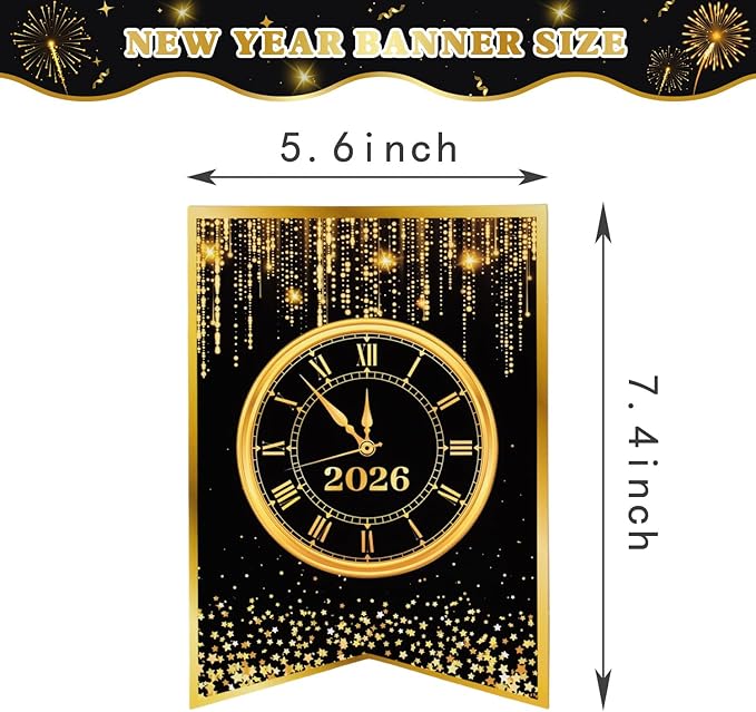 Happy New Year Decorations 2026 - Black Gold New Year Party Banner - Reusable New Years Eve Party Supplies 2026 (Style B)