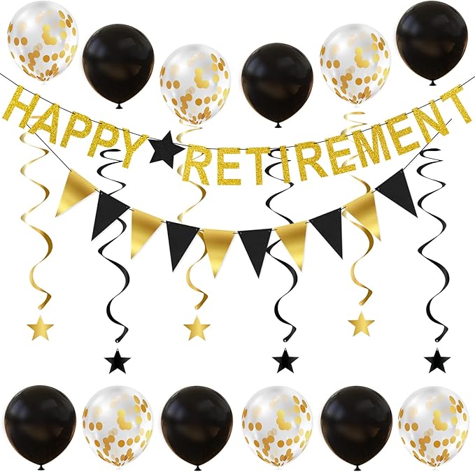 Happy Retirement Party Decorations - Banner, Triangle Flag Garland, Star Hanging Swirls and Balloons