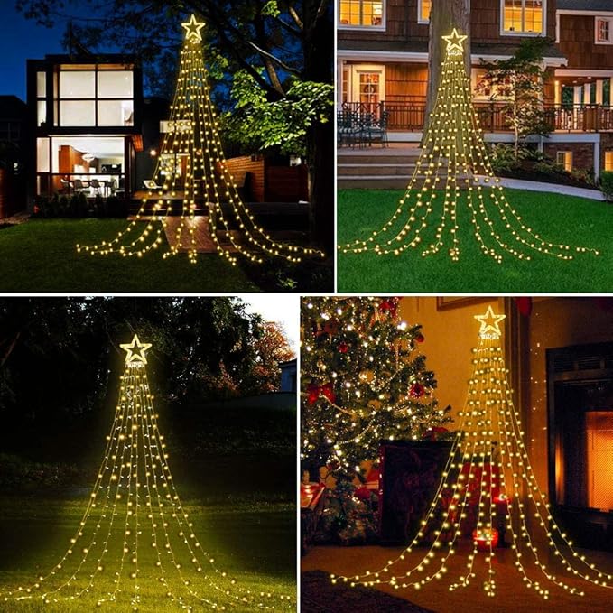 Waterfall Christmas String Lights with 317 LED Star Hanging Twinkle Fairy Curtain Lights for Party Wedding Patio Indoor Outdoor Decorative Water Flow Lights