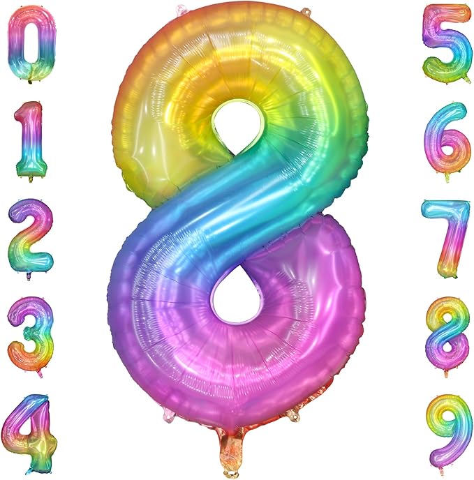 Rainbow Number 8 Balloon, 40 Inch Large Number Foil Mylar Balloons for 8th Girl Boy Birthday Party Celebration Decorations Supplies, Digital Balloons for Wedding Anniversary Events Decora