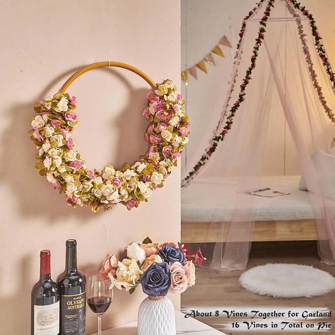 6 Pcs x 8.2 ft Flower Garland Artificial Rose Vine Flowers with Green Leaves Hanging Fake Roses Vine for Room Party Home Wedding Birthday Christmas Wall Arch Decor, Pink Champagne Flower