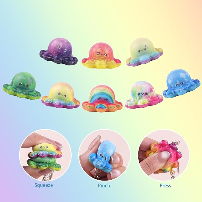 Anboor Octopuses Squishies, 8 Pack Mini Octopi Squeeze Toys for Kids Foam Octopus Squish Keychian Fidget Toys
