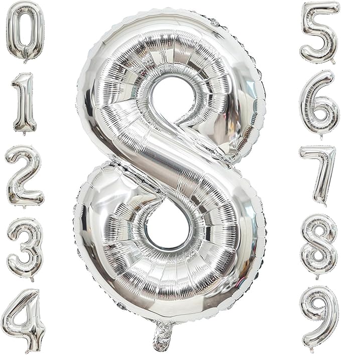 Silver Number 8 Balloon, 40 Inch Large Number Foil Mylar Balloons for 8th Girl Boy Birthday Party Celebration Decoration Supplies,Big Digital Balloons for Wedding Anniversary Events Decor