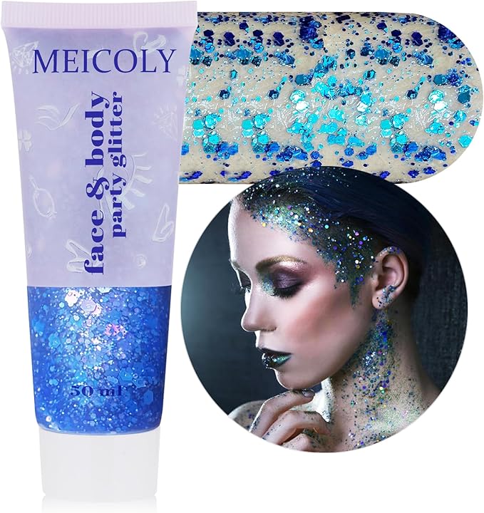 MEICOLY Chameleon Blue Hair Glitter,Holographic Chunky Face Glitter Gel,Self-Adhesive Color Changing Mermaid Singer Concerts Sparkling Glitter for Face Body,Halloween Festival Party Makeup,50ml