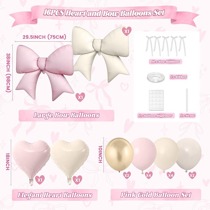 16Pcs Pink and Cream Heart Balloons, 38 Inch Bow Balloons, Dusty Pink Nude Champagne Gold Balloon and Bow Heart Shaped Foil Balloon for Birthday Wedding Bridal Baby Shower Valentines Day Decorations