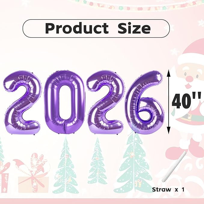 Number 2026 Balloons, 40 Inch Purple Number Balloons, New Years Decorations, 2026 Balloon for Graduation Happy New Year and 2 6 20 26 Birthday Parties