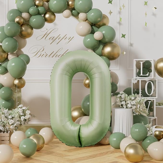 AULE 40 Inch Large 0 Balloon Numbers Sage Green, Big Foil Number Balloons, Giant Helium Happy Birthday Party Decorations for Man and Women, Huge Mylar Anniversary Party Supplies