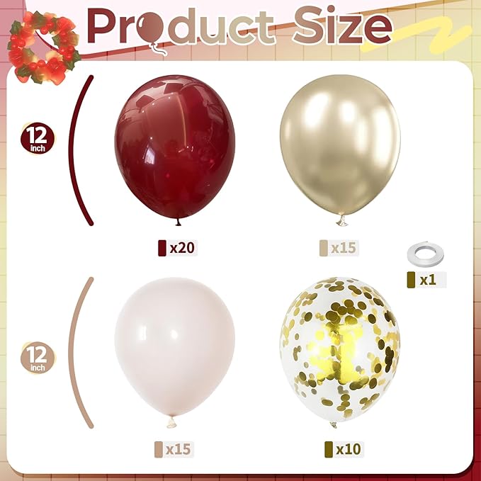 Burgundy and Gold Balloons, 60Pcs Burgundy Maroon Wine Dark Red White Metallic Gold Nude Balloons with Confetti Balloons for Girls Birthday Graduation Bridal Shower Wedding Party Decorations Supplies