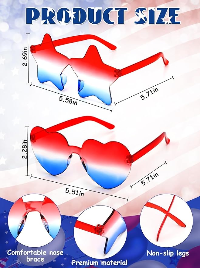 12 Pairs Heart Shaped Sunglasses Rimless Star Glasses for Men Women Party Favors Fun Colorful Glasses Accessories
