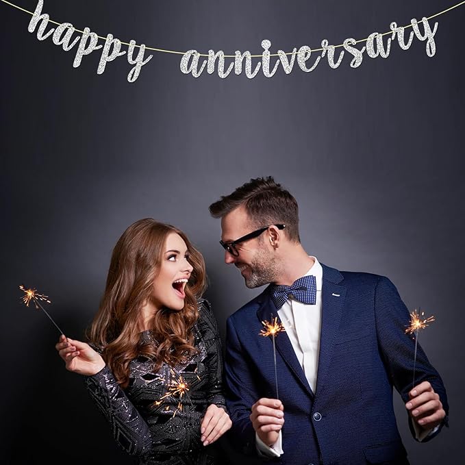 Silver Glitter Happy Anniversary Banner, Party Decorations for Wedding Anniversary Party