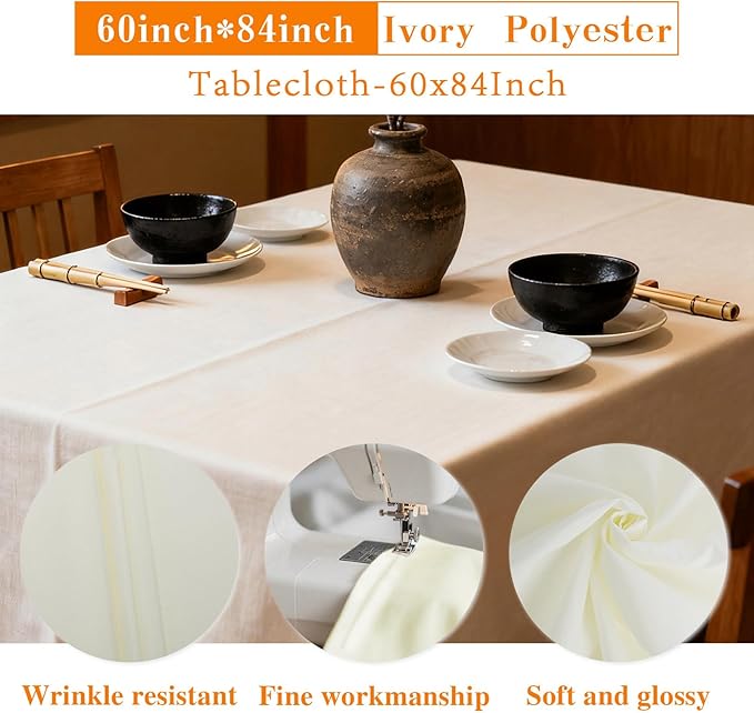 WIGENIUS 2 Pack Ivory Table Cloth Rectangle Tablecloths 60X84 Inch,Polyester Table Cloth for 4 Foot Rectangle Tables,Wrinkle Resistant Washable Fabric Table Covers for Party,Wedding Banquet