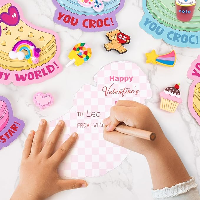 Valentines Day Cards for Kids School - Valentines Gifts for Kids - 36 Valentine Cards with Shoe Charms Bulk - Funny Valentine Exchange Card for Boys Girls Toddler Class Classroom Gift Party Favors