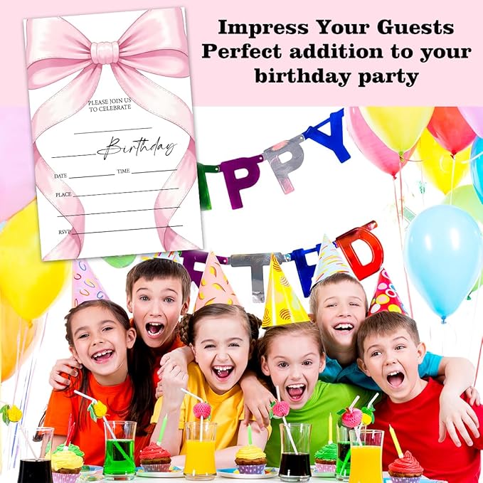 Pink Bow Birthday Invitation Cards For Girls Adult Teens, Birthday Party Supplies Favors, 20 Fill-In Invitation Cards with Envelopes -25