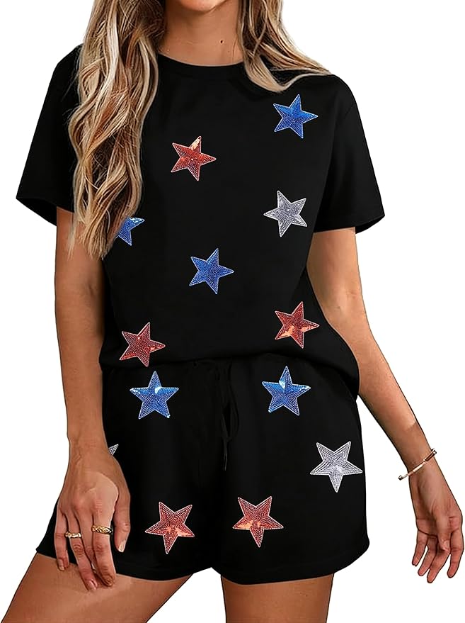 VILOVE 4th of July 2 Piece Sequin Outfits Women 250 Anniversary Usa Shirts and Short Sets Casual Patriotic Shirt Summer Set