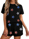 VILOVE 4th of July 2 Piece Sequin Outfits Women 250 Anniversary Usa Shirts and Short Sets Casual Patriotic Shirt Summer Set