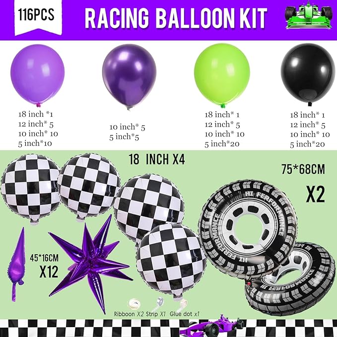 Monster Truck Purple and Green Black Balloon Garland Arch Kit with Big Wheels checkered star mylar foil tire balloons For Kids 3th 4th Birthday Monsters Racing Car Theme Party Decorations
