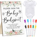 Qunclay 12 Pcs Baby Shower Game Decor with White Unisex Bodysuit Wooden Sign Tabletop Decor and Marker for Guests(Floral)