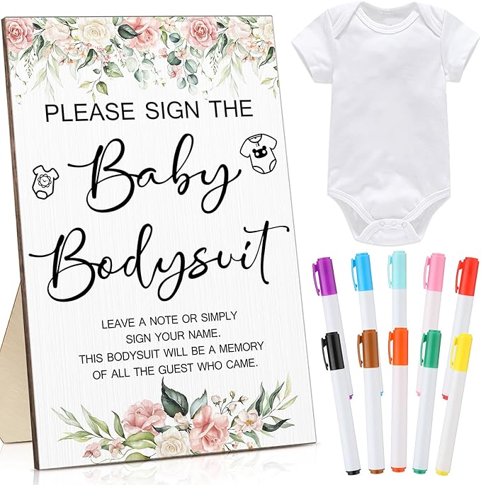 Qunclay 12 Pcs Baby Shower Game Decor with White Unisex Bodysuit Wooden Sign Tabletop Decor and Marker for Guests(Floral)