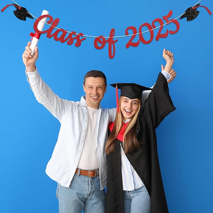 Pre-Strung Class of 2025 Banner, Graduation Party Decorations, Congratulations Grad Party Banner, High School College Graduation Classroom Celebrations (Red)