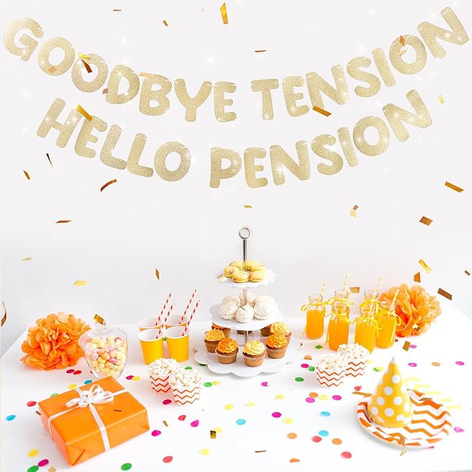 Retirement Banner Pre-Strung GOODBYE TENSION HELLO PENSION Banner Glitter Retirement Party Supplies Decorations for Women Men Office Home Decor (Chanmpagne Gold)